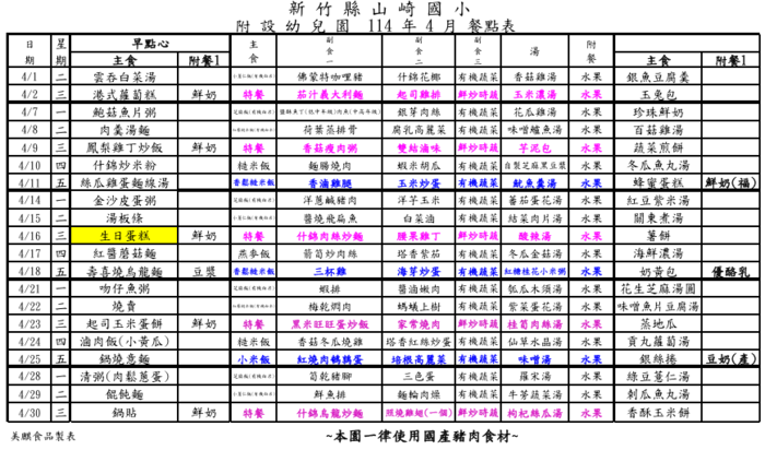 山崎國小附幼114年4月餐點表圖片